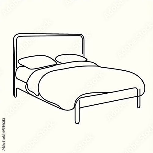 A simple minimalistic continuous unbroken line drawing of a bed, perfect as a logo or design element for bedding brands, interior design, or hotel services. photo