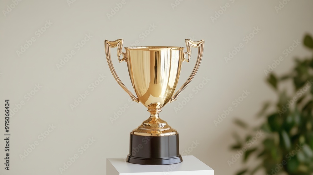 A luxurious gold trophy cup with a sleek design, displayed on a white pedestal with soft lighting, representing victory A luxurious gold trophy cup with a sleek design, displayed on a white pedestal with soft lighting, representing victory