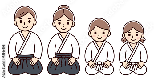 Cute cartoon Aikido kids and adults sitting seiza