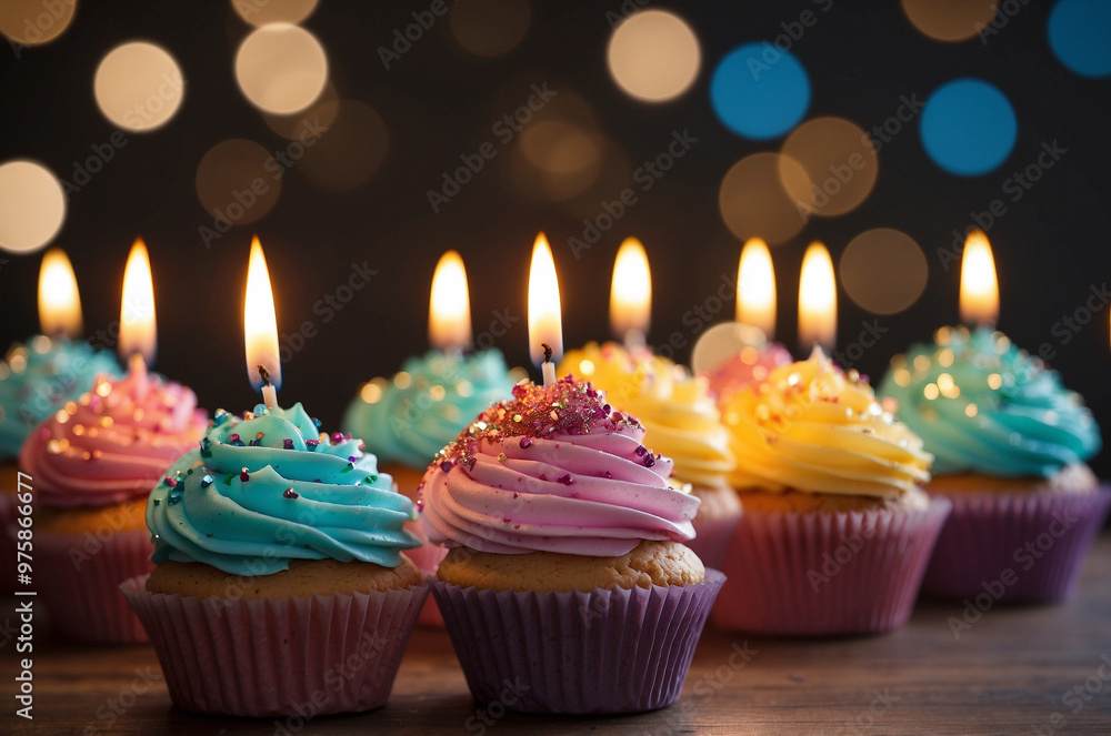 Colorful birthday cupcakes with candles on sparkly background Colorful birthday cupcakes with candles on sparkly background