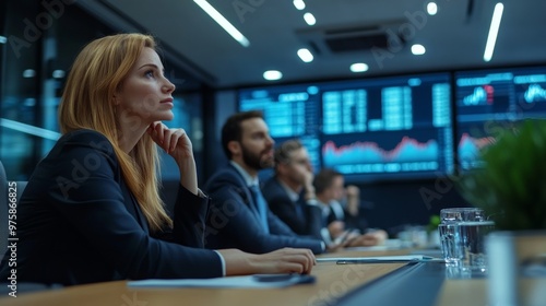 Businesswoman Listening to Presentation in Meeting Room.