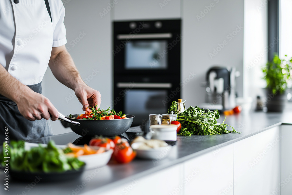 Chef preparing a fresh, colorful vegetable stir-fry in a modern kitchen, showcasing healthy cooking techniques and vibrant ingredients Chef preparing a fresh, colorful vegetable stir-fry in a modern kitchen, showcasing healthy cooking techniques and vibrant ingredients