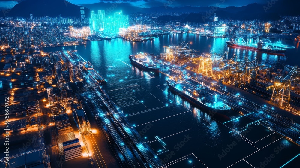 Night Aerial View of a Busy Port with Cargo Ships and City Lights. Night Aerial View of a Busy Port with Cargo Ships and City Lights.