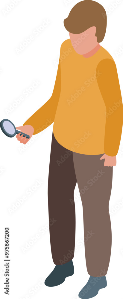 Young man is standing and holding a magnifying glass, searching for clues or examining something in detail Young man is standing and holding a magnifying glass, searching for clues or examining something in detail