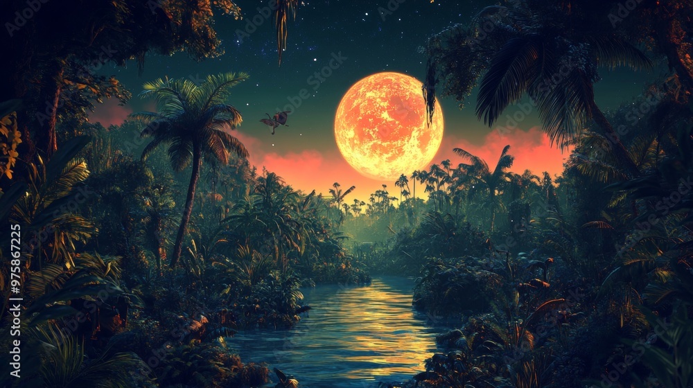 Tropical Jungle at Night with Full Moon. Tropical Jungle at Night with Full Moon.