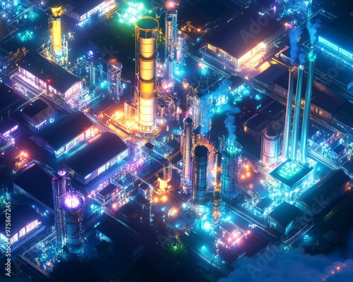 Illuminated Industrial Complex at Night.