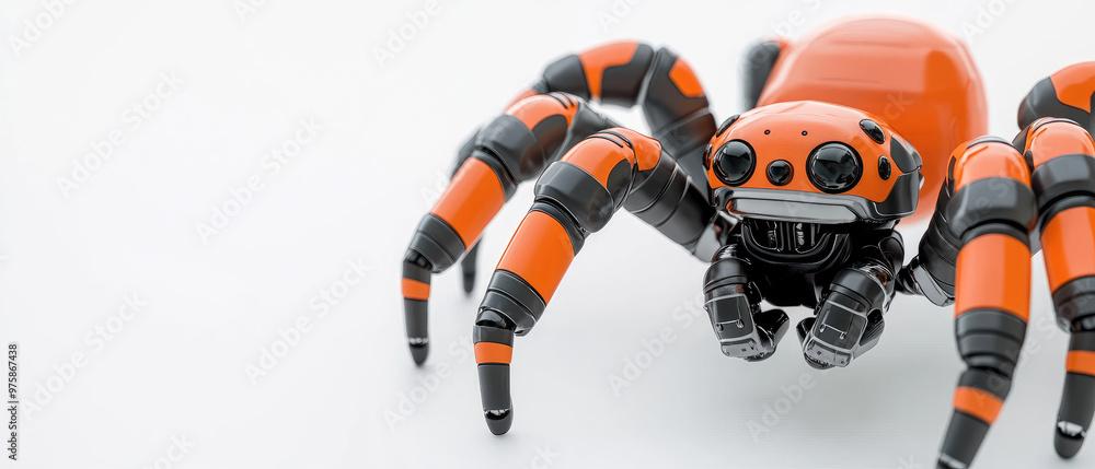 High-resolution 3D illustration of a cartoon robot spider, featuring selective focus and ample copy space, perfect for creative projects and digital media. High-resolution 3D illustration of a cartoon robot spider, featuring selective focus and ample copy space, perfect for creative projects and digital media.