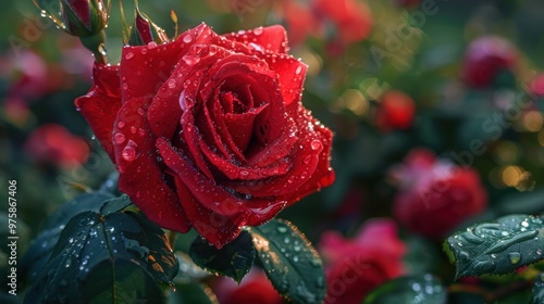 A single red rose covered in dew a sign of beauty and new beginnings