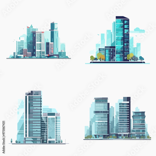 The four images show different types of buildings in a city