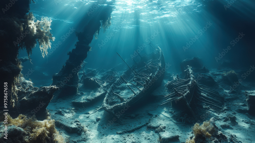 Fototapeta premium Ghostly Shipwreck: Eerie Underwater Scene with Sunlight Filtering Through Murky Depths