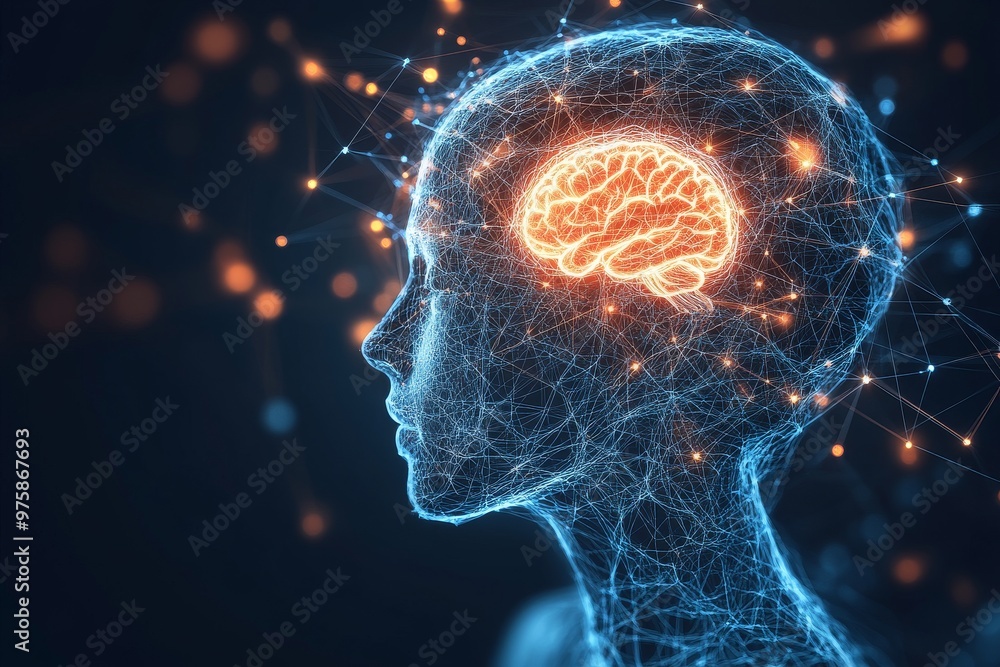 Digital side profile of a human head with illuminated neural connections symbolizing artificial intelligence neural networks and the future of technology in a high tech setting Digital side profile of a human head with illuminated neural connections symbolizing artificial intelligence neural networks and the future of technology in a high tech setting