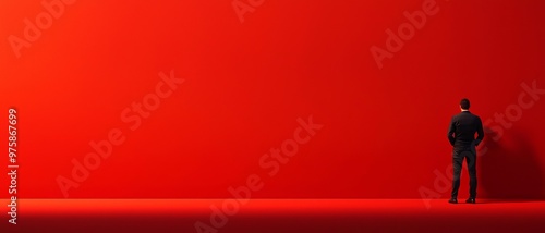 A businessman in a suit stands against a vibrant red wall, contemplating his next move in a bold, dynamic environment.