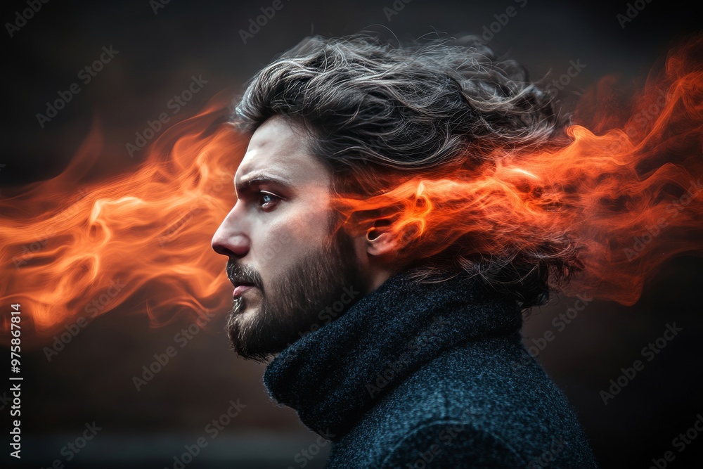 Side profile of a man with fiery glowing hair evoking a sense of power intensity and dynamic energy in a surreal artistic composition with strong contrast and dramatic lighting Side profile of a man with fiery glowing hair evoking a sense of power intensity and dynamic energy in a surreal artistic composition with strong contrast and dramatic lighting