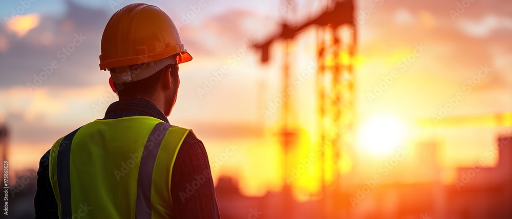 A construction worker observes the sunset at a building site, showcasing dedication and the hard work involved in construction. A construction worker observes the sunset at a building site, showcasing dedication and the hard work involved in construction.