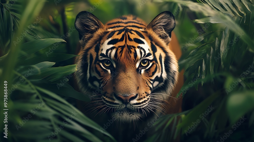 A close-up of a tiger amidst lush green foliage. A close-up of a tiger amidst lush green foliage.