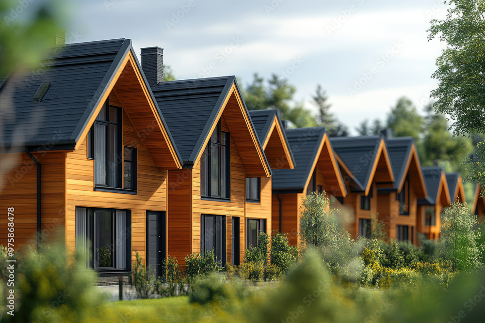 Close-up 3D rendering of contemporary wooden houses in a housing estate, showcasing design details and textures in ultra HD resolution. Close-up 3D rendering of contemporary wooden houses in a housing estate, showcasing design details and textures in ultra HD resolution.