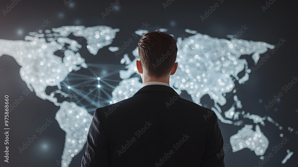 Businessman Looking at World Map with Network Connections Businessman Looking at World Map with Network Connections