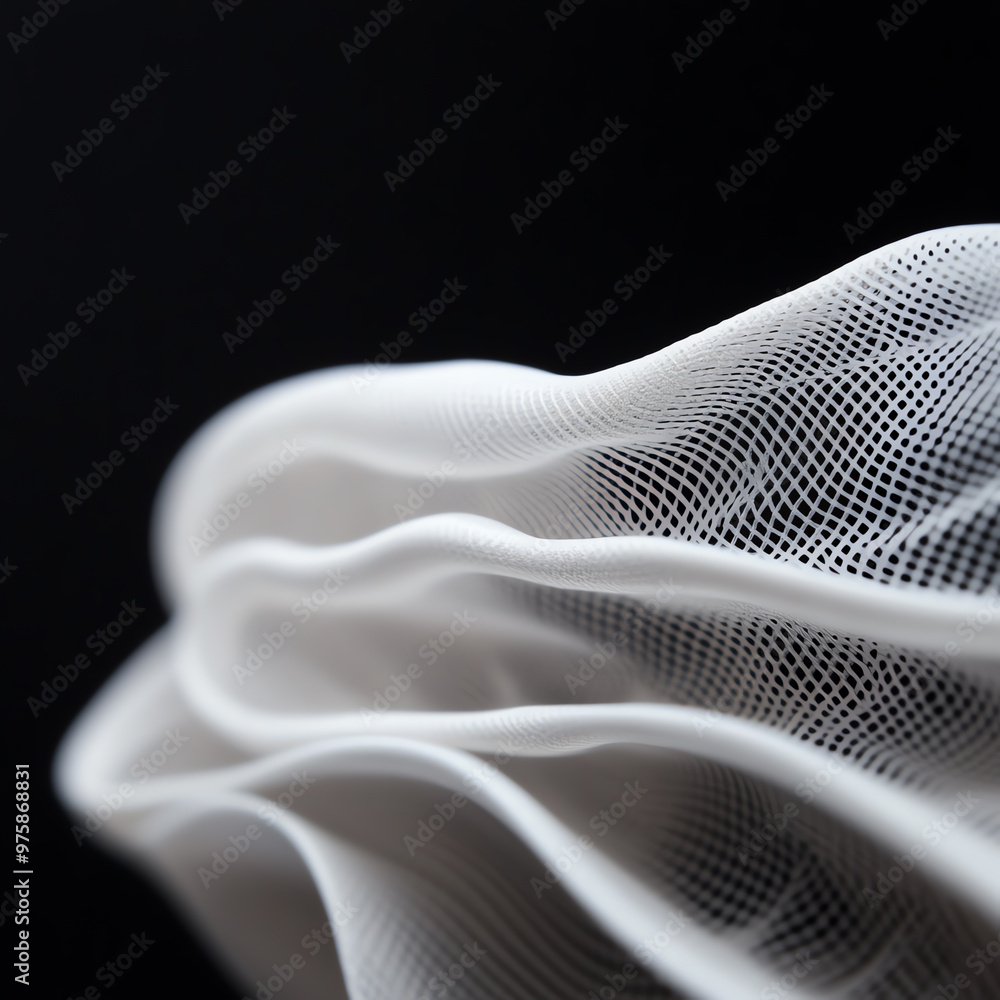 Naklejka premium A close-up view of flowing white fabric with delicate textures and intricate patterns against a dark background, evoking elegance.