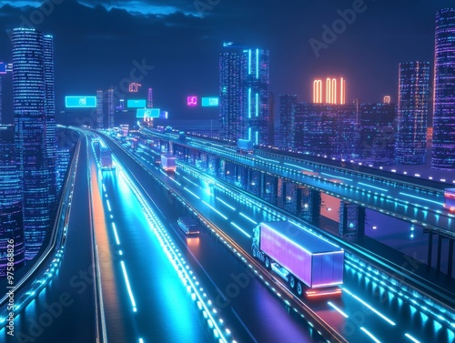 Futuristic Cityscape at Night with Neon Lights and Traffic.