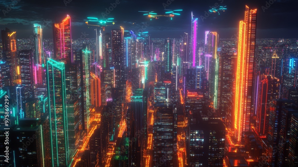 Neon Cityscape with Drones. Neon Cityscape with Drones.