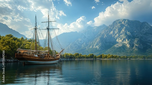 A traditional wooden sailing ship anchored in a peaceful bay, with mountains in the background