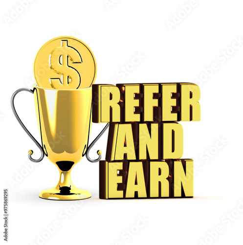 3d golden dollar coin inside a trophy and refer and earn concept photo