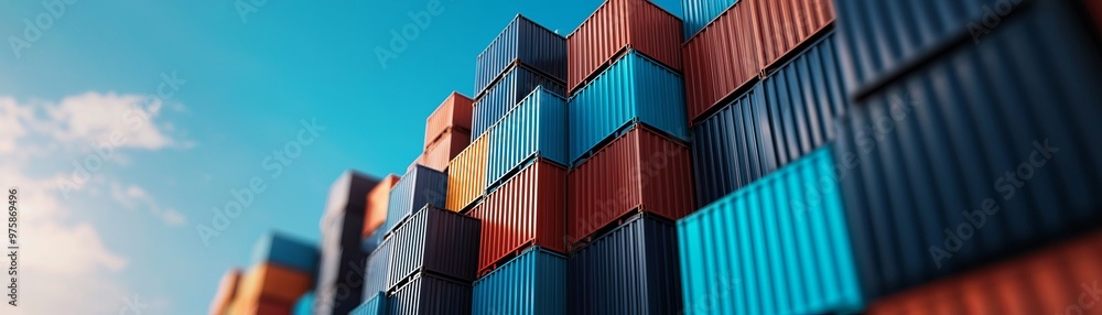 Fototapeta premium Colorful shipping containers stacked against a blue sky, showcasing industrial storage and transportation.