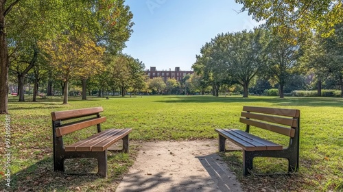 A serene park scene with benches and trees under clear skies. photo