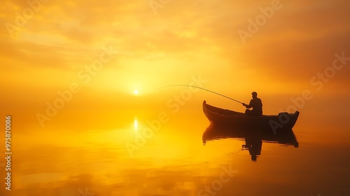 A fisherman silhouetted against a golden sunset on calm waters.