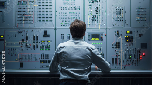 A focused electrical engineer is seen from behind, working diligently at control panel filled with various switches and screens, showcasing high tech environment