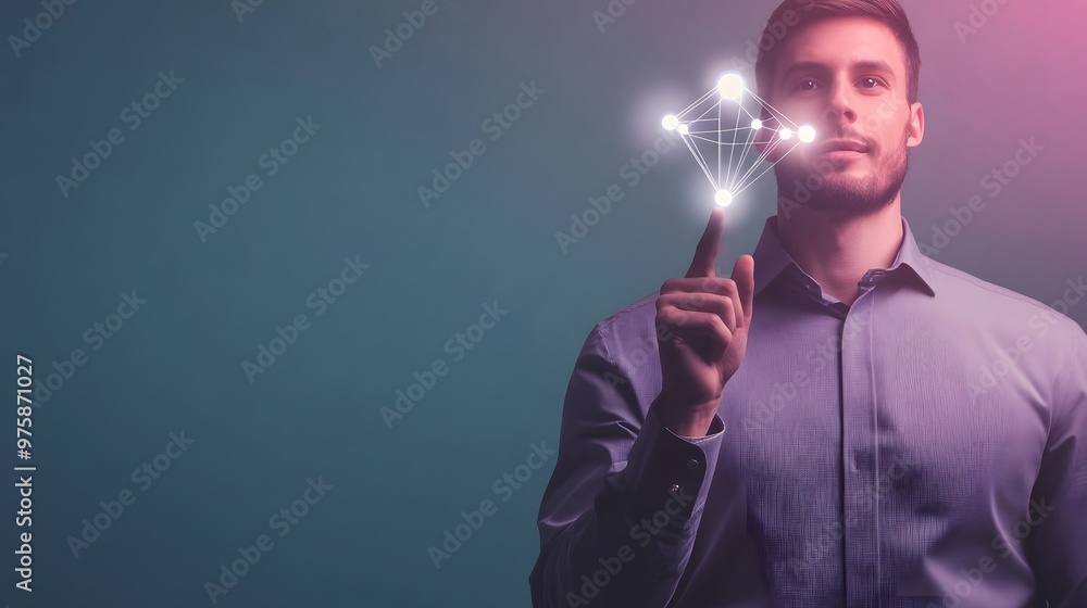 Man Touching Digital Network Connection Interface Man Touching Digital Network Connection Interface
