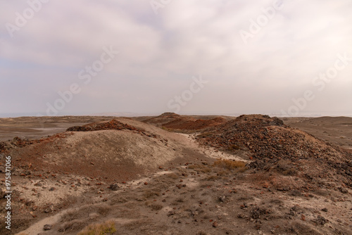 Burnt volcanic rock near the mud volcanoes near the village of Alyat. Azerbaijan.