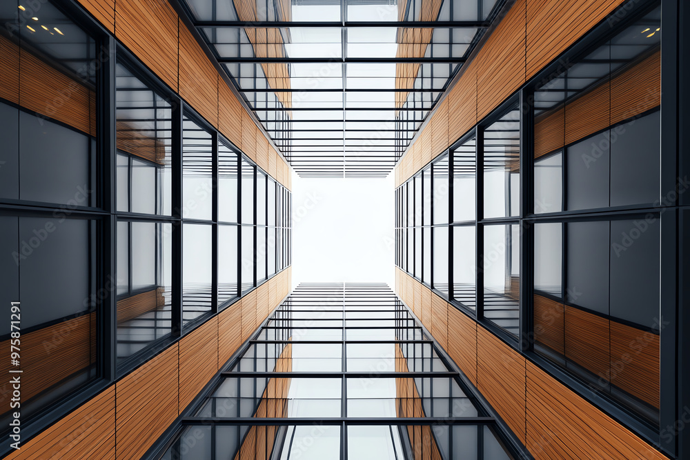 Obraz premium Aerial view of modern architecture showcasing wood and glass in a vibrant urban setting, capturing the essence of contemporary design.