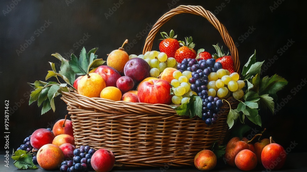 A vibrant basket filled with assorted fresh fruits including apples, grapes, and oranges against a dark background A vibrant basket filled with assorted fresh fruits including apples, grapes, and oranges against a dark background