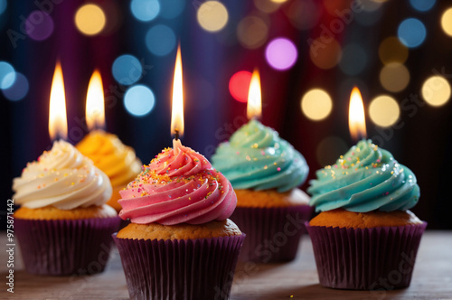 Colorful birthday cupcakes with candles on sparkly background 