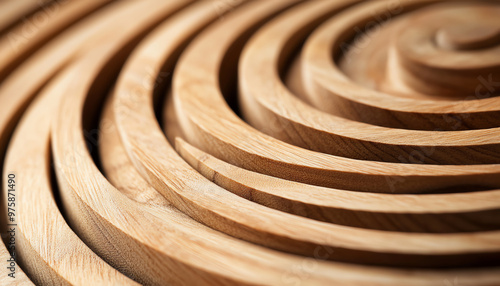 Close-up view of beautifully crafted wooden spirals, showcasing the intricate patterns and natural texture of the wood. photo