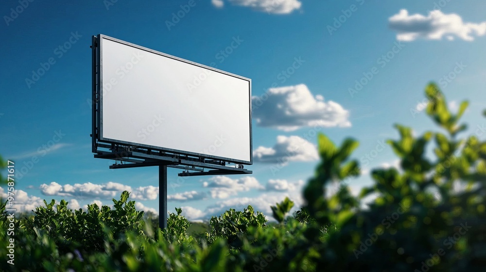 Fototapeta premium A blank billboard stands against a clear blue sky with fluffy clouds, surrounded by lush greenery. Perfect for advertising designs.