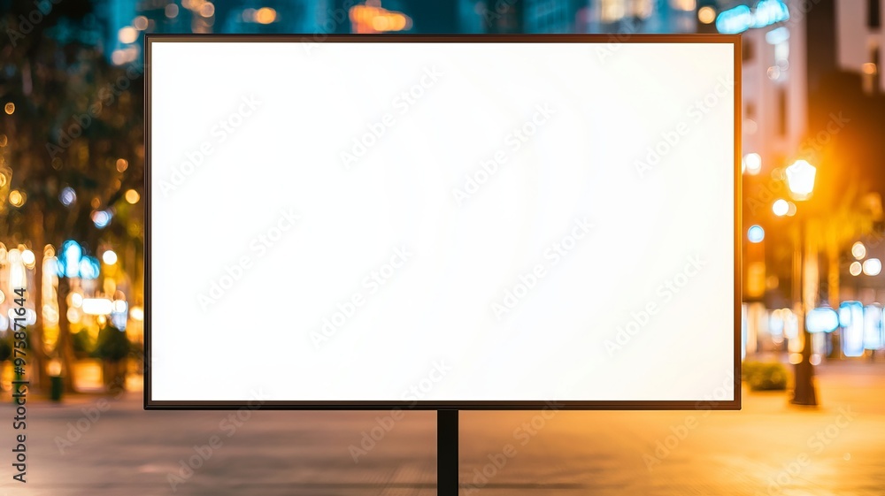 A blank billboard stands in an urban setting at night, illuminated by city lights, ready for creative advertisement. A blank billboard stands in an urban setting at night, illuminated by city lights, ready for creative advertisement.