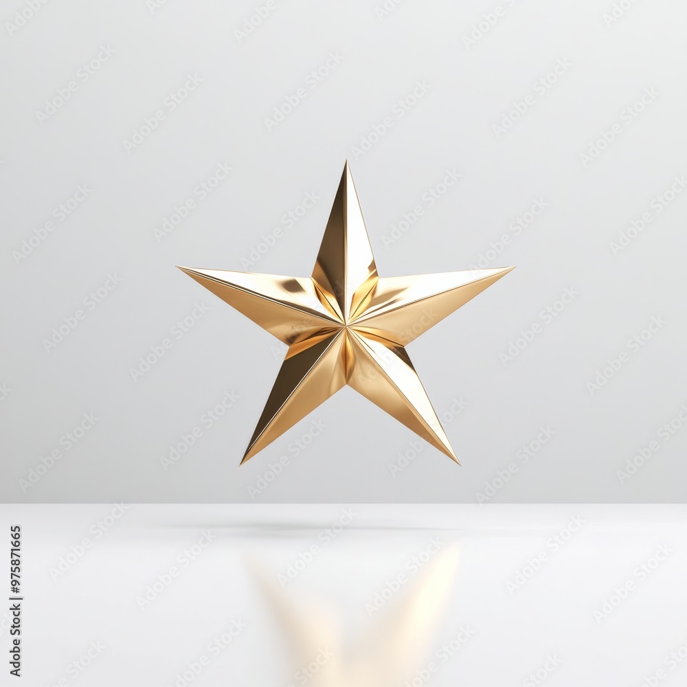 A minimalist 3D gold star with a sharp design, floating above a clean white surface with subtle reflections A minimalist 3D gold star with a sharp design, floating above a clean white surface with subtle reflections