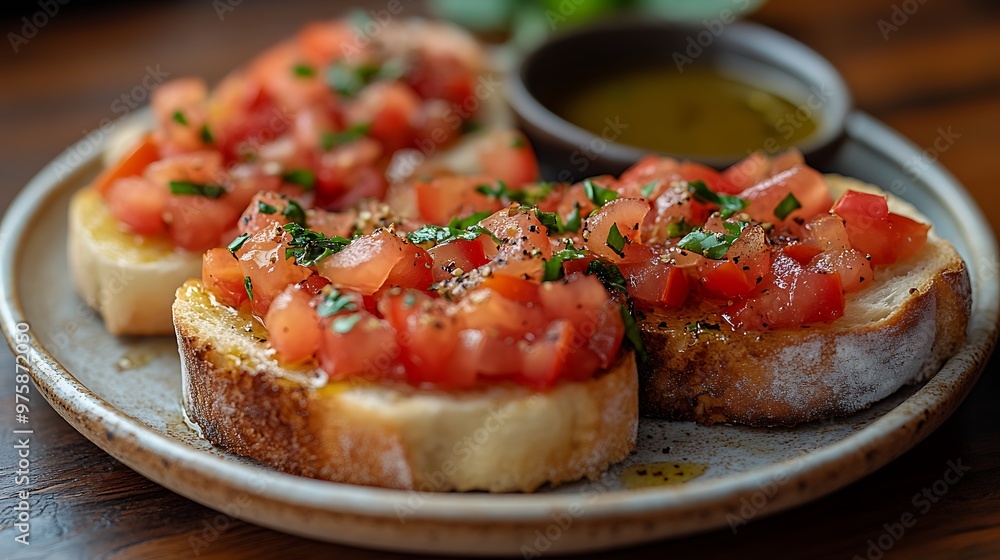 A plate of bruschetta topped with diced tomatoes and herbs. A plate of bruschetta topped with diced tomatoes and herbs.