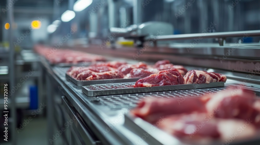 Automated production line in modern food factory.Factory for the production of food from meat.Industrial equipment at a meat factory. Automated production line in modern food factory.Factory for the production of food from meat.Industrial equipment at a meat factory.