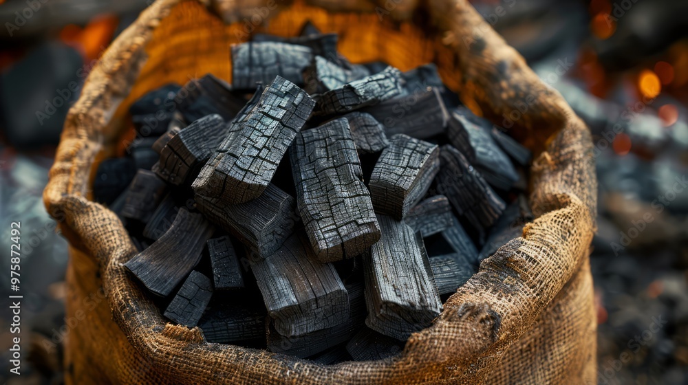 A rustic sack filled with charcoal pieces rests near an outdoor fire, radiating warmth as dusk settles, inviting a cozy atmosphere