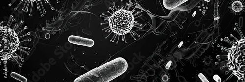 Black Bacterial Battleground: A dramatic black and white medical abstract background with abstract bacteria and antibiotics, emphasizing infectious disease control. photo