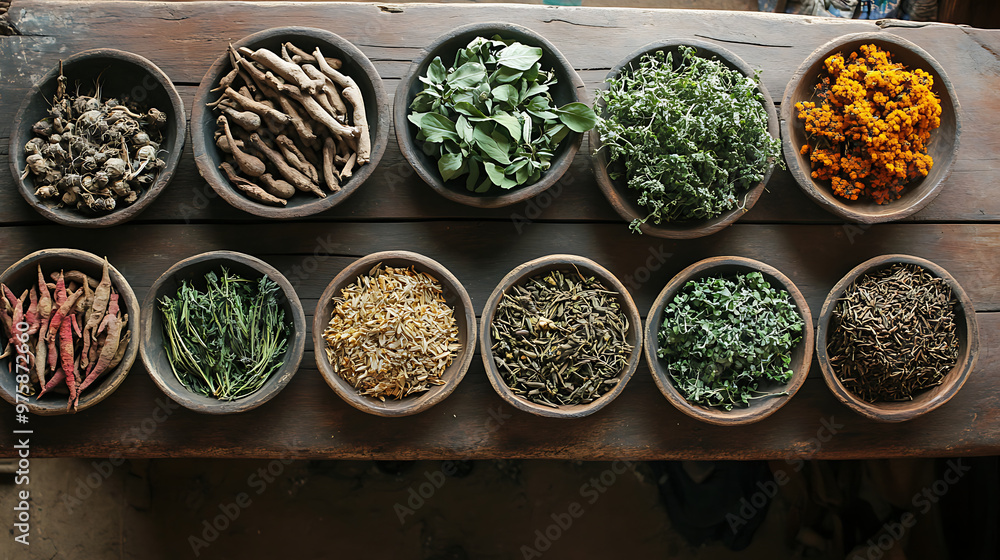 A collection of Himalayan medicinal plants displayed on a wooden table, including herbs and roots A collection of Himalayan medicinal plants displayed on a wooden table, including herbs and roots