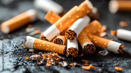 Used cigarettes scattered on a dark surface showing signs of wear and tear in an indoor setting
 photo