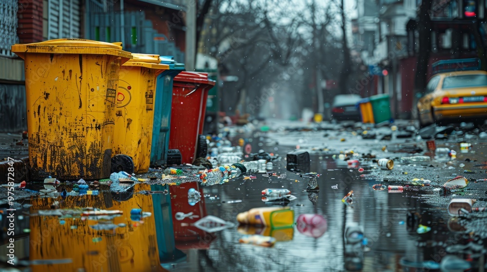 Fototapeta premium Rainwater pools around overflowing bins on a deserted street, highlighting the vibrant bin colors against scattered litter