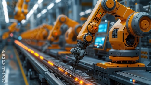 An automated manufacturing assembly line with robots arm working seamlessly together, boosting efficiency and production.