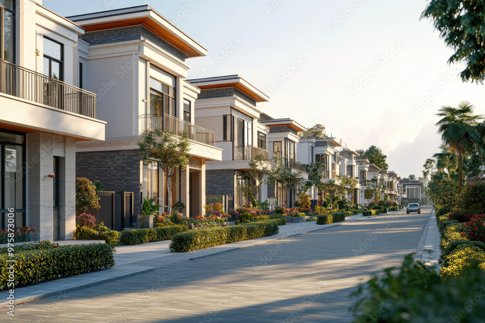 Explore a detailed 3D rendering of modern urban townhouses lined along a street, showcasing minimalist architecture perfect for contemporary city living. Explore a detailed 3D rendering of modern urban townhouses lined along a street, showcasing minimalist architecture perfect for contemporary city living.