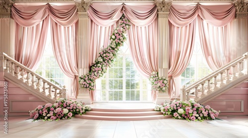 Pink wedding decor with floral accents.