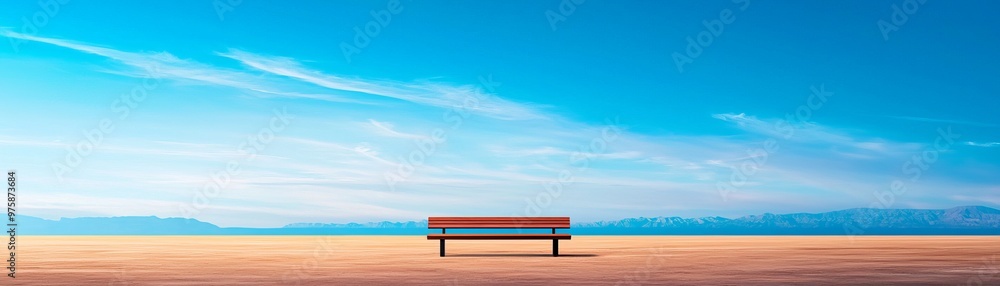 Obraz premium Serene landscape featuring a solitary bench against a vibrant blue sky and a tranquil sandy beach, ideal for relaxation.